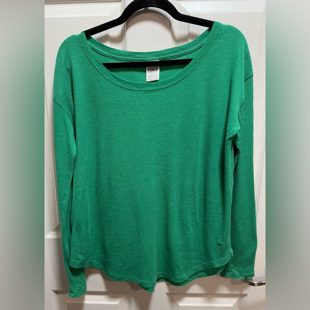 PINK Victoria's Secret Emerald Green Long-Sleeve Waffle Top vintage size S